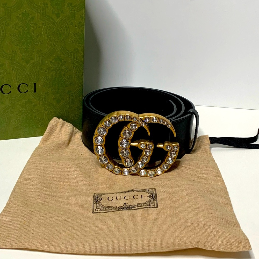 GUCCI Leather Belt w/Crystals Double G Buckle